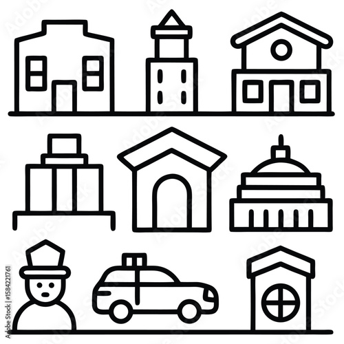 Diverse building and vehicle icons house tower
