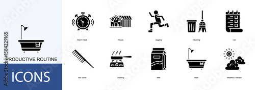 productive routine icon collection set. Containing Alarm Clock, House, Jogging, Cleaning, List icon