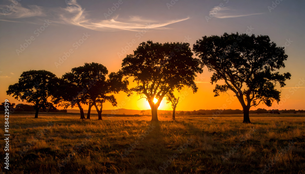 Obraz premium Silhouette of Trees at Sunset in a Golden Field