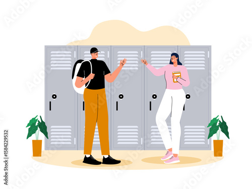 Meeting friends from different faculties in the campus locker room. School illustration. Flat vector illustration.