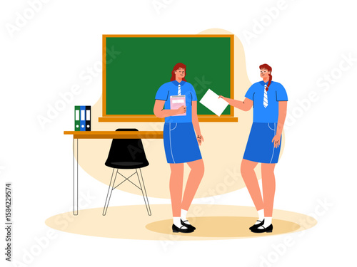 Discussing assignments from the teacher with classmates during free time. School illustration. Flat vector illustration.