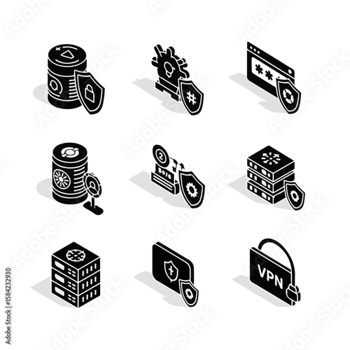 Isometric icons representing cybersecurity concepts, including data protection, encryption, firewall, VPN, and secure access, rendered in black and white.