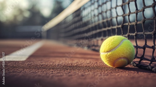 Tennis ball, red, court, close-up, generative ai