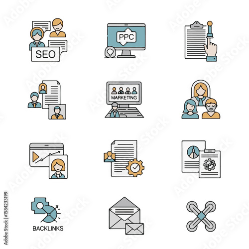 A collection of line art icons representing digital marketing concepts, including SEO, PPC, backlinks, and email marketing, with human figures and technology.