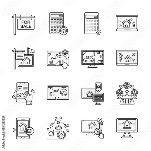 A collection of line art icons depicting real estate, property sales, virtual tours, online listings, and related technology on various devices.