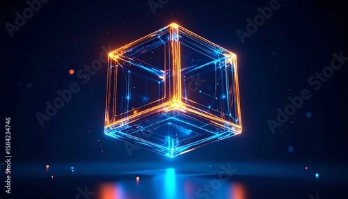 Floating Glass Cube With Orange And Blue Lights