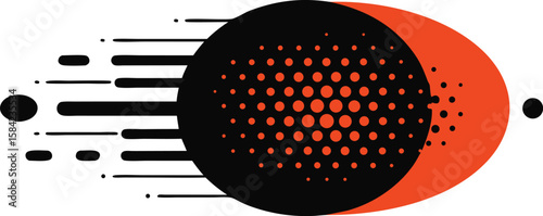 Vector art of an abstract black and orange circular shape with motion streaks and dots.