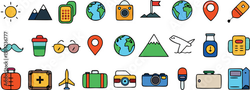 Vector art of a vibrant collection of travel and adventure icons, perfect for your next journey.