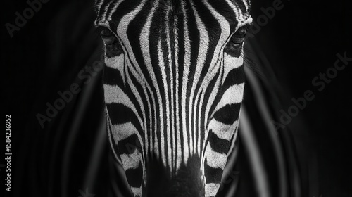 Close-up view of a zebra's face in monochrome.