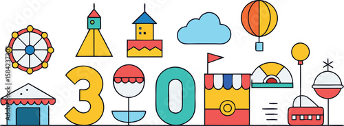 Vector art of a vibrant collection of carnival and amusement park icons, including a ferris wheel, hot air balloon, and numbers three and zero.