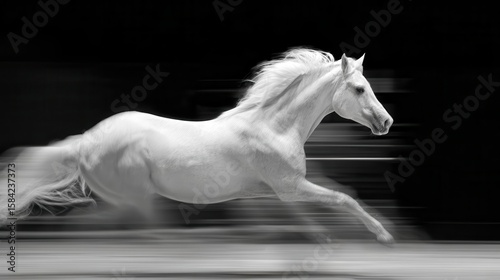 Majestic white horse in motion, captured in a blur of speed.