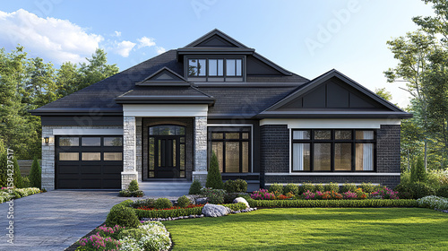 Modern American house exterior with double garage and black brick facade, surrounded by green lawn and colorful flower beds under clear sky
