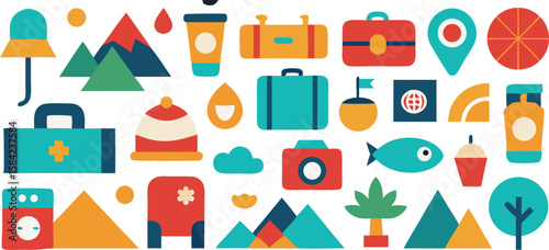 Vector art of a vibrant collection of travel and adventure icons, showcasing various elements of a journey.