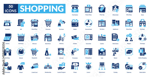 Shopping fill icon collection set. Includes cart, bag, store, discount, checkout, basket, receipt, payment, sale, product, barcode, coupon, cashier, shelf, retail, store