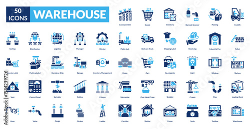 Warehouse fill icon collection set. Includes storage, logistics, inventory, shipping, pallet, forklift, supply, distribution, crate, loading, goods, container, packaging, shelves, depot