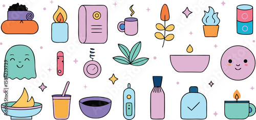 Vector art of a collection of cute, pastelcolored icons representing spa and wellness elements.