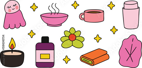 Vector art of a collection of cute spa and wellness icons including a candle, tea, towel, and flower.