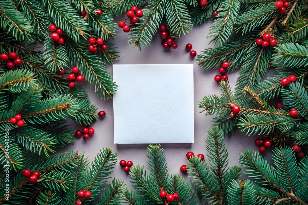 Obraz premium Festive christmas fir branches adorned with red berries frame a blank white card