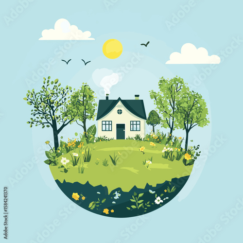 The concept of green energy, environmental conservation, environmental problems and ecological construction. Planet Earth and Home, vector style simple color