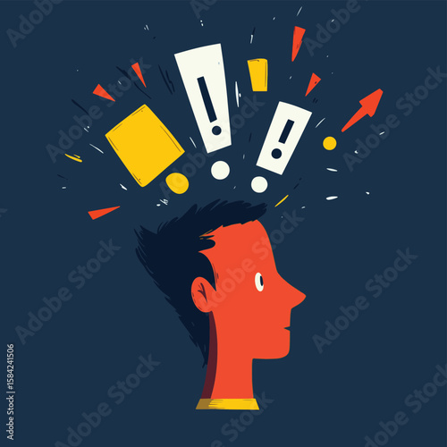 The concept of psychological problems, problem solving and brainstorming. Head with exclamation marks. Anxious thoughts, vector style simple color