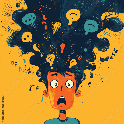The concept of psychological problems, problem solving and brainstorming. Head with exclamation marks. Anxious thoughts, vector style simple color