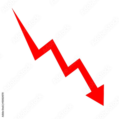 A bold red arrow zigzags sharply downward, isolated on white background, symbolizing decline and loss in business or financial markets