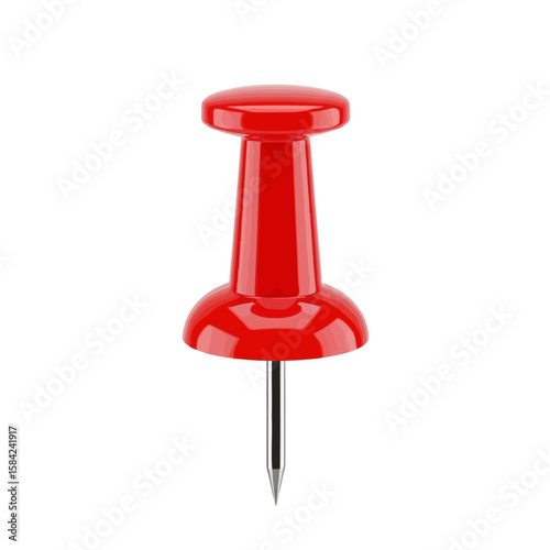 A shiny red pushpin with a silver needle stands upright, isolated on white background