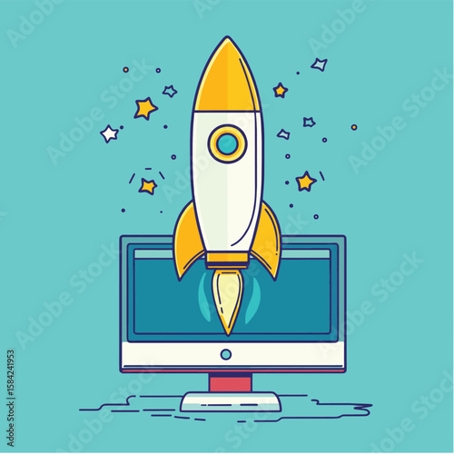 The concept of career growth, career prospects, earning money and a successful business. Computer and rocket, vector style simple color