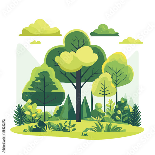 The concept of environmental protection and air purification. Photosynthesis. Trees absorb carbon dioxide and produce oxygen, vector style simple color