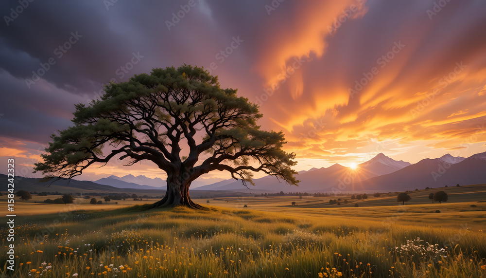 Obraz premium Golden Hour Tree: A majestic tree stands tall against a breathtaking golden hour sky, its sprawling branches reaching out over a field of wildflowers, under a backdrop of mountains.
