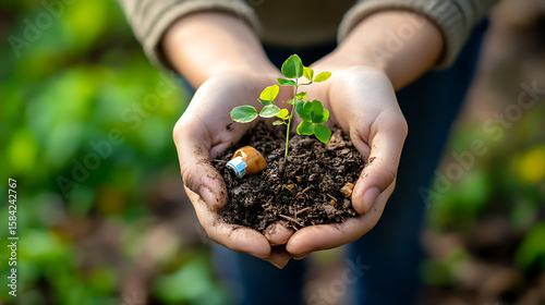 recycling and nature themes: photos of trees sprouting from waste, Earth held above trash, and green initiatives with ample blank spaces for environmental messages.