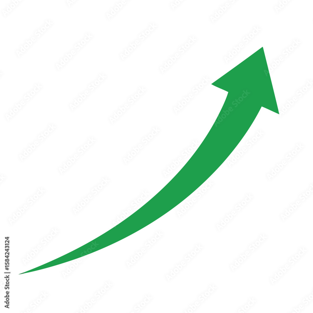 A green arrow curves upward, indicating growth and progress, isolated on white background A green arrow curves upward, indicating growth and progress, isolated on white background
