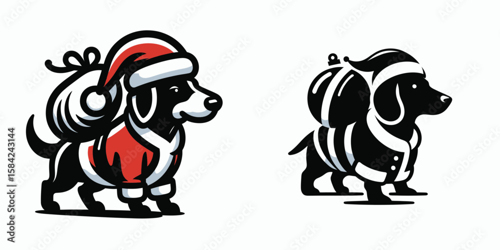 Fototapeta premium Dachshund Dog wear santa Claus Costumes Carrying a Large Object. Christmas Holiday Clipart Line Art Vector Illustration Xmas. Wiener animal in garb lugging huge item xmas canine dressed up.
