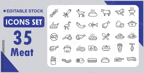 Meat icon set. Containing Meat products, food, Ham, Sausage, Steak, Chicken, Bacon, and more. vector illustration