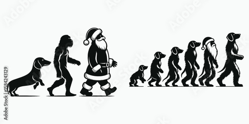 Dachshund Dog evolution from bigfoot to santa Claus. Christmas Holiday Clipart Line Art Vector Illustration Xmas. Wiener breed growth hairy ape festive gift giver transformation.