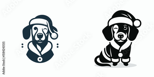 Dachshund Dog wear santa Claus Costumes Winking. Christmas Holiday Clipart Line Art Vector Illustration Xmas. .