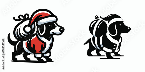 Dachshund Dog wear santa Claus Costumes Carrying a Large Object. Christmas Holiday Clipart Line Art Vector Illustration Xmas. Wiener animal in garb lugging huge item xmas canine dressed up.