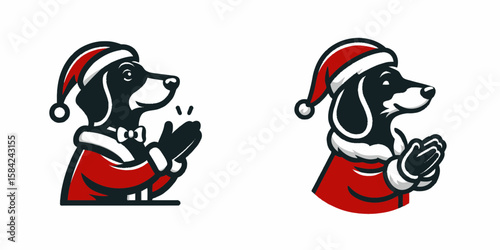 Dachshund Dog wear santa Claus Costumes Clapping Hands. Christmas Holiday Clipart Line Art Vector Illustration Xmas. Weiner canine put on festive father garb applaud fun.