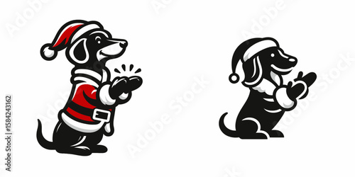 Dachshund Dog wear santa Claus Costumes Clapping Hands. Christmas Holiday Clipart Line Art Vector Illustration Xmas. Wiener attire suit cheering canine apparel.