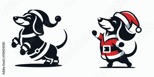 Dachshund Dog wear santa Claus Costumes Dancing or Grooving. Christmas Holiday Clipart Line Art Vector Illustration Xmas. Wiener animal put on garb move about merrily in festive apparel.
