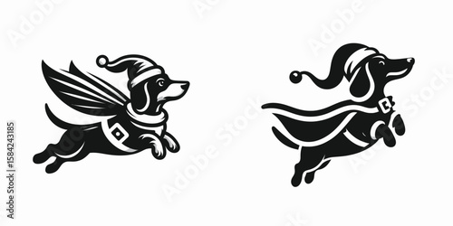 Dachshund Dog wear santa Claus Costumes Flying with a Cape. Christmas Holiday Clipart Line Art Vector Illustration Xmas. Wiener canine attire garb soar cloak.