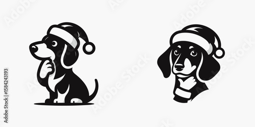Dachshund Dog wear santa Claus Costumes Hand on Chin (Curious). Christmas Holiday Clipart Line Art Vector Illustration Xmas. Wiener canine in attire paw at face looking interested.