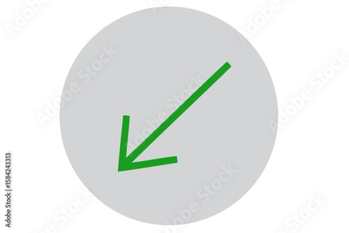 A green arrow pointing down and to the left within a gray circle, isolated on white background