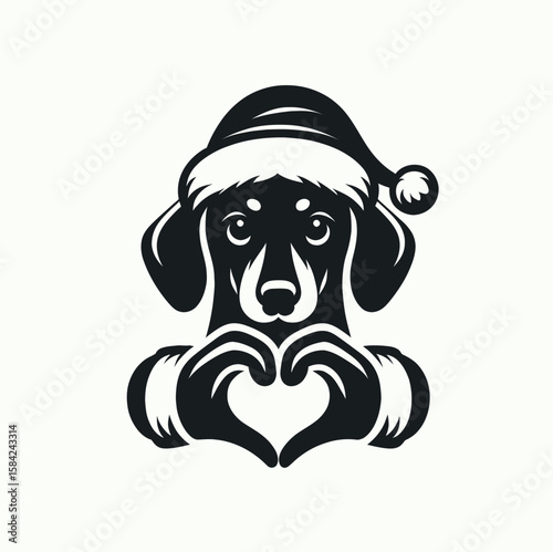 Dachshund Dog wear santa Claus Costumes Making a Heart with Hands. Christmas Holiday Clipart Line Art Vector Illustration Xmas. .