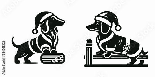 Dachshund Dog wear santa Claus Costumes Leaning on an Object. Christmas Holiday Clipart Line Art Vector Illustration Xmas. .