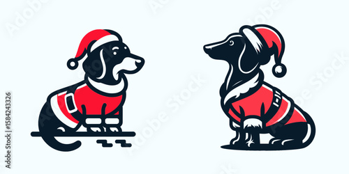 Dachshund Dog wear santa Claus Costumes Leaning on an Object. Christmas Holiday Clipart Line Art Vector Illustration Xmas. .