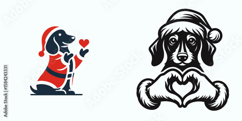 Dachshund Dog wear santa Claus Costumes Making a Heart with Hands. Christmas Holiday Clipart Line Art Vector Illustration Xmas. .