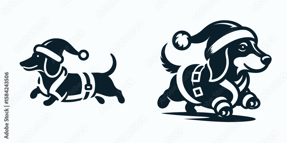 Obraz premium Dachshund Dog wear santa Claus Costumes Running or Walking. Christmas Holiday Clipart Line Art Vector Illustration Xmas. .