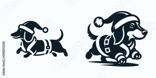 Dachshund Dog wear santa Claus Costumes Running or Walking. Christmas Holiday Clipart Line Art Vector Illustration Xmas. .
