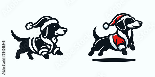 Dachshund Dog wear santa Claus Costumes Running or Walking. Christmas Holiday Clipart Line Art Vector Illustration Xmas. .